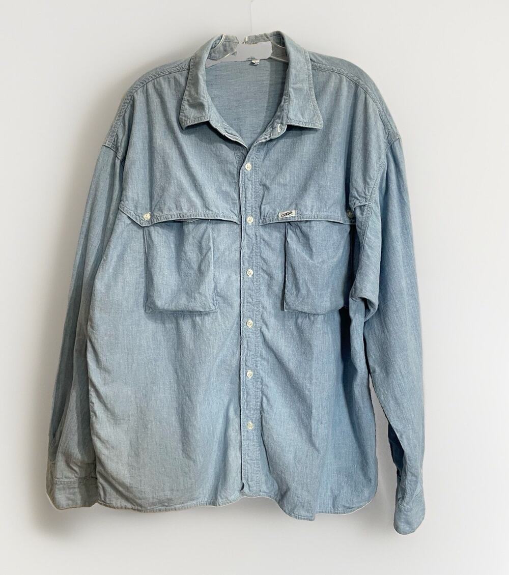 Vintage 80s Guess Georges Marciano Chambray Utility Work Shirt USA Size XL 4 Men